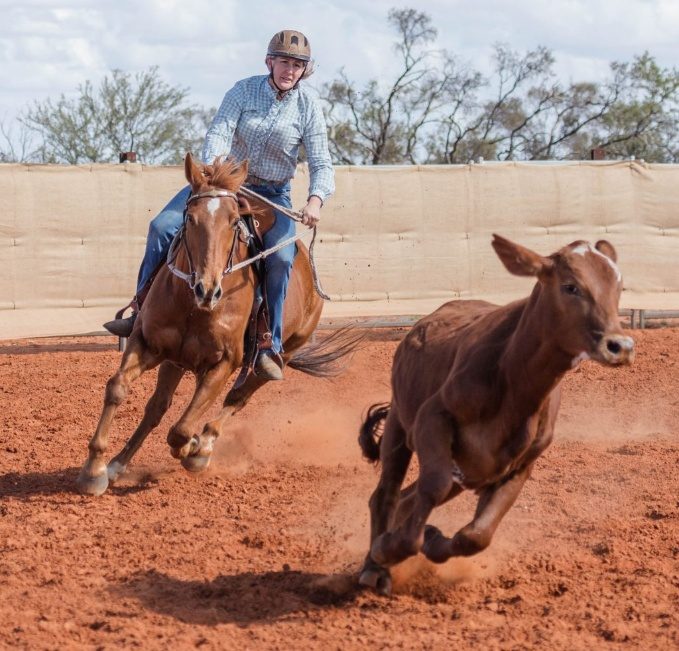 Fiona riding a horse with a calf nearby